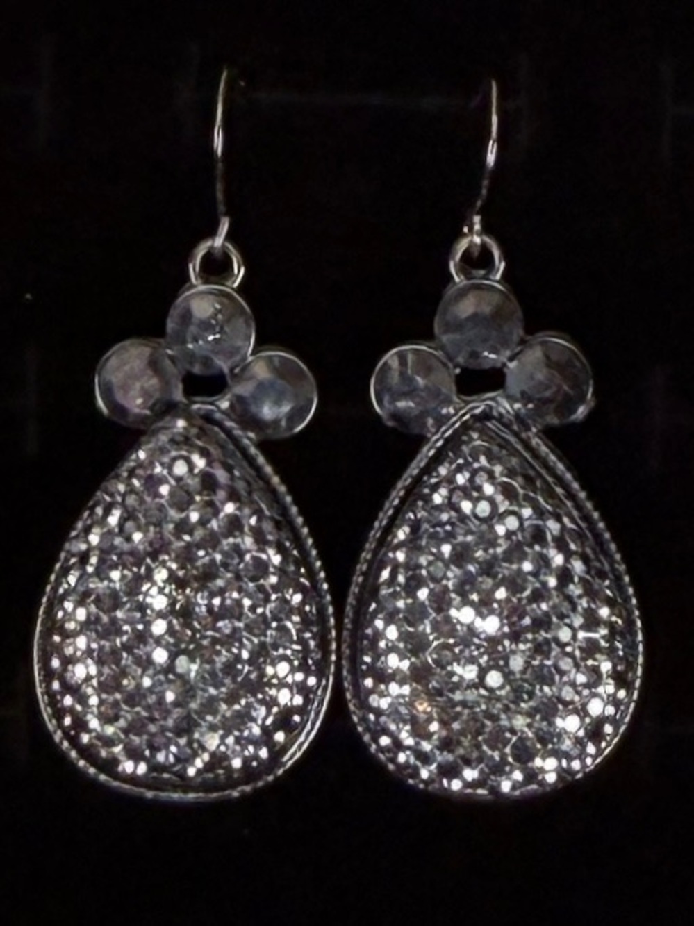 Gunmetal Silvertone Bling Weighted Teardrop Pierced Earrings